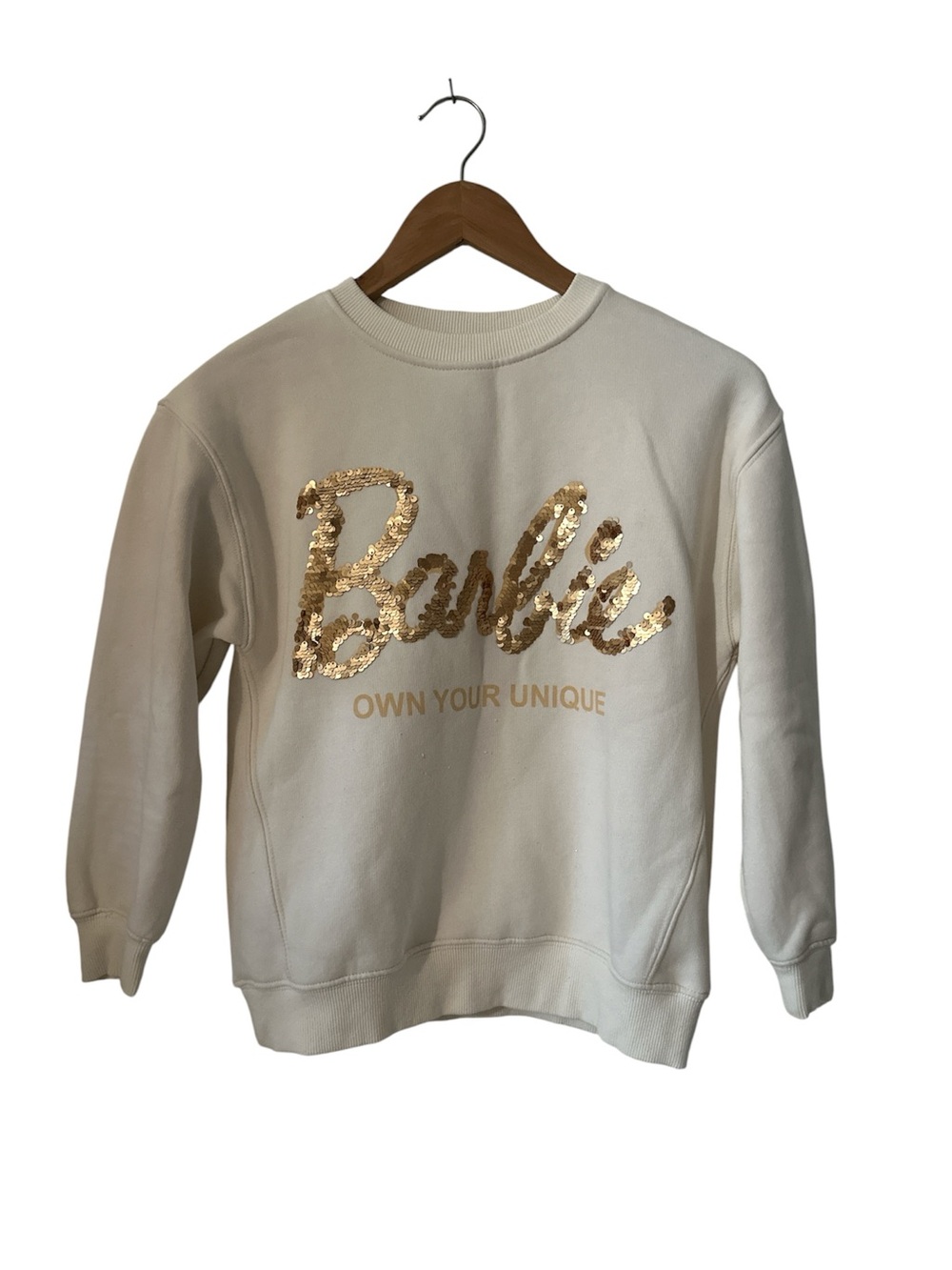 Zara for Barbie Cream Sweatshirt with Gold Sequin 'Barbie' Logo - Kids sz 9/10